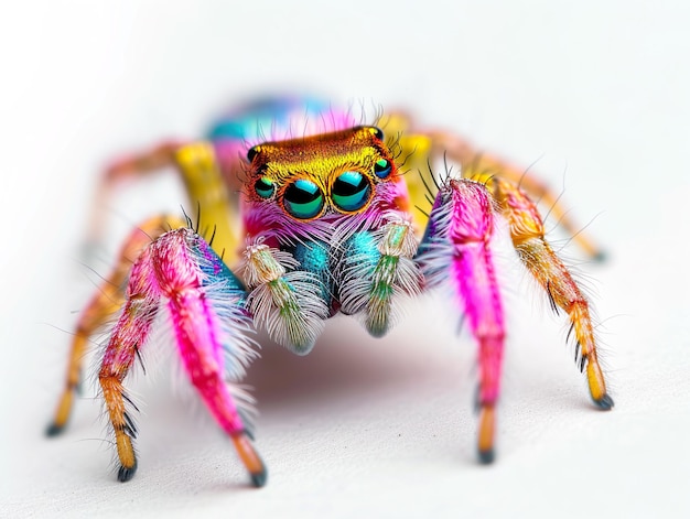 Una colorida araña saltadora está sentada en una superficie blanca