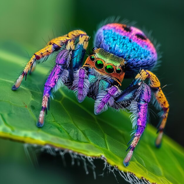 La colorida araña saltadora posicionada en una hoja verde