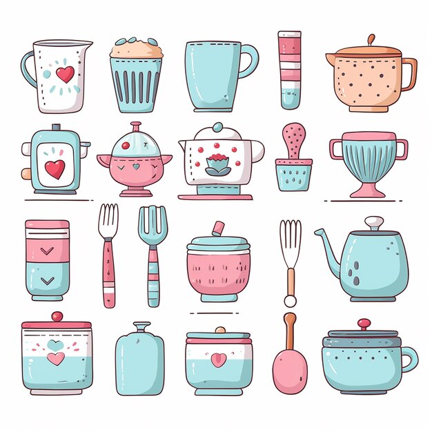 Colorida armonía de cocina Lindo equipo de cocina Clipart en tonos pastel