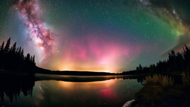 La colorida aurora boreal y la galaxia de la Vía Láctea iluminan el cielo nocturno sobre el bosque y el agua