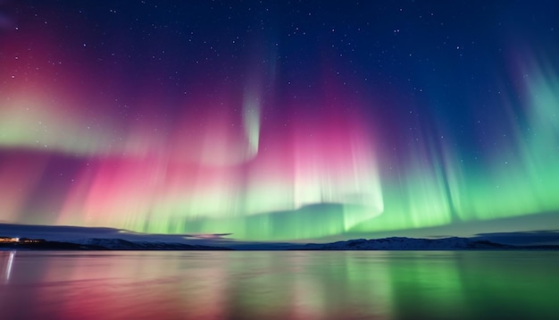 Una colorida aurora boreal se ve sobre un lago.