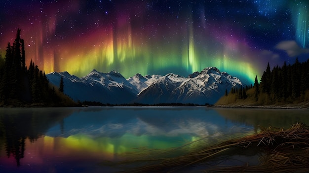 Una colorida aurora sobre un lago de montaña con montañas al fondo.