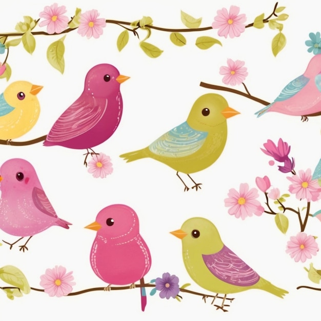 una colorida bandada de pájaros en una rama con flores