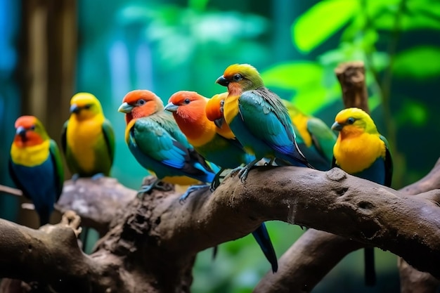 Una colorida bandada de pájaros tropicales posada IA generativa