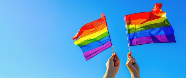 Una colorida bandera del orgullo gay del arco iris ondea en el viento contra un cielo azul Festival LGBT