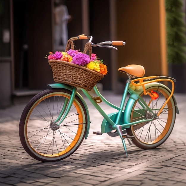 Una colorida bicicleta con una canasta de flores en ella