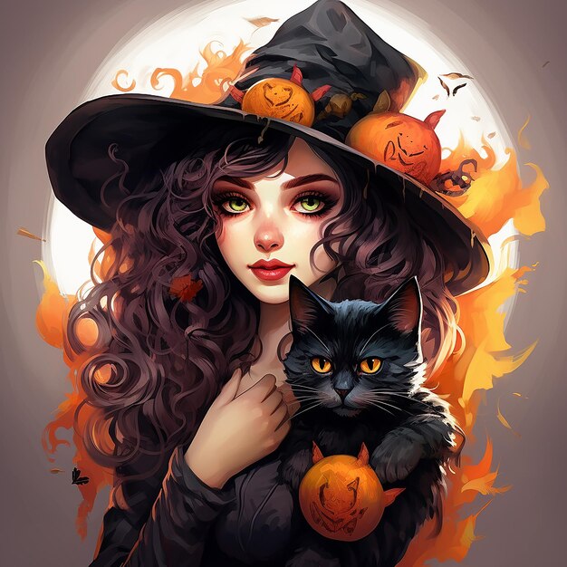 Foto la colorida bruja de halloween con el gato