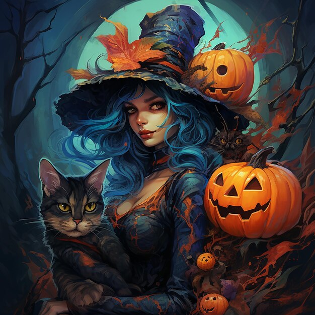 Foto la colorida bruja de halloween con el gato