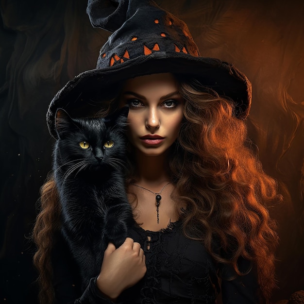 Foto la colorida bruja de halloween con el gato