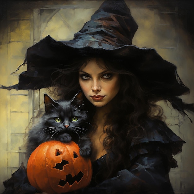 La colorida bruja de Halloween con el gato