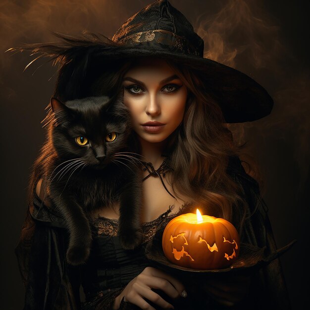 Foto la colorida bruja de halloween con el gato