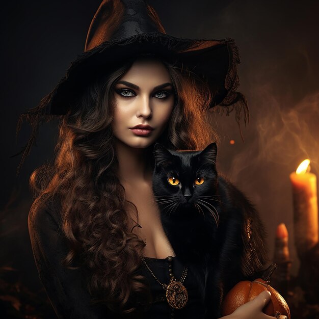 Foto la colorida bruja de halloween con el gato