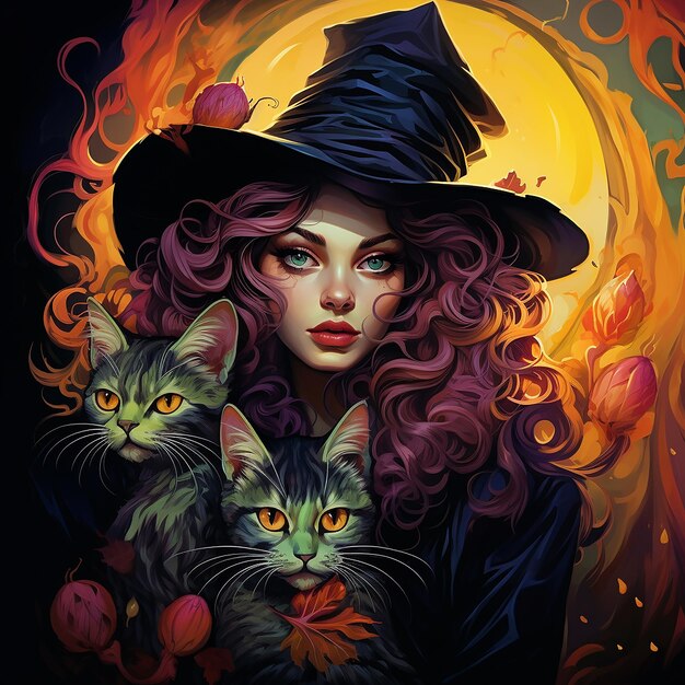 Foto la colorida bruja de halloween con el gato