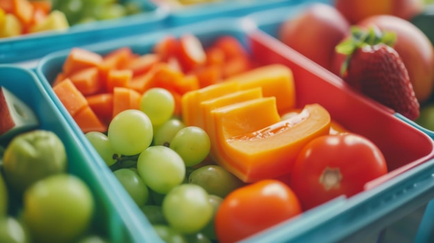 Una colorida caja de almuerzo escolar con frutas y verduras