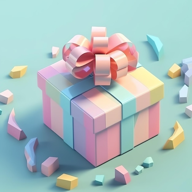 Una colorida caja de regalo con un lazo rosa.