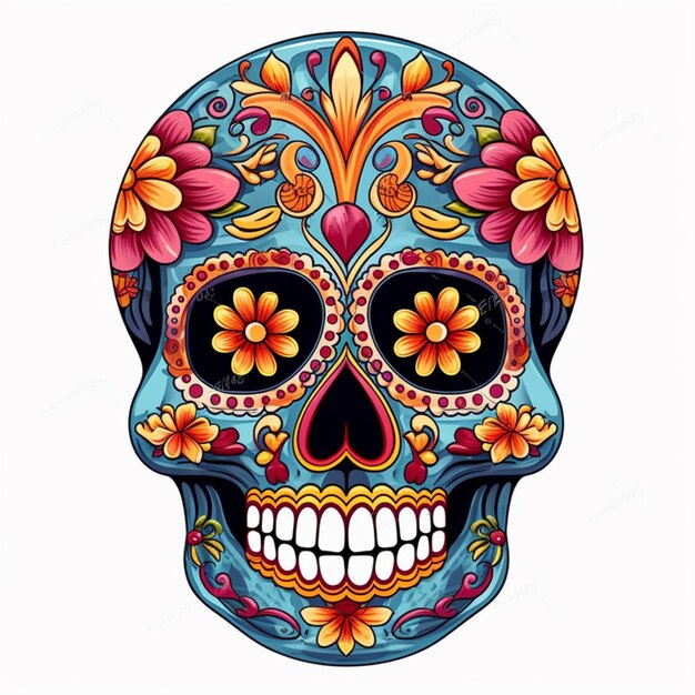 Una colorida calavera de azúcar con flores y hojas generativas ai