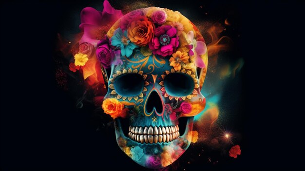 Una colorida calavera de azúcar con flores.