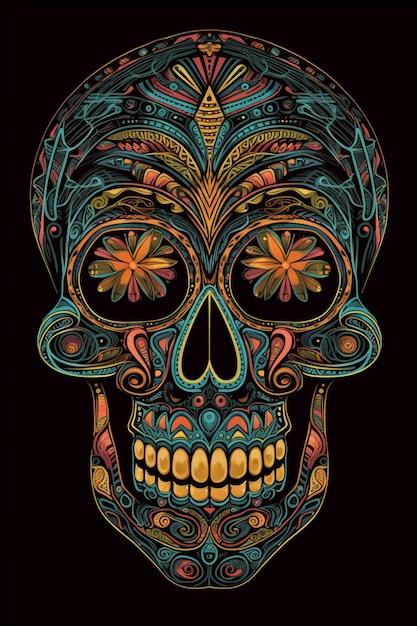 Una colorida calavera de azúcar con un fondo negro.