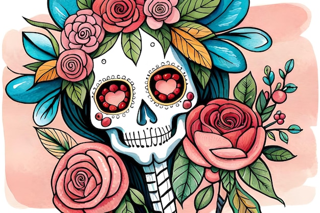 Una colorida calavera de azúcar con rosas.