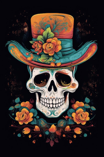 Una colorida calavera de azúcar con sombrero y flores.