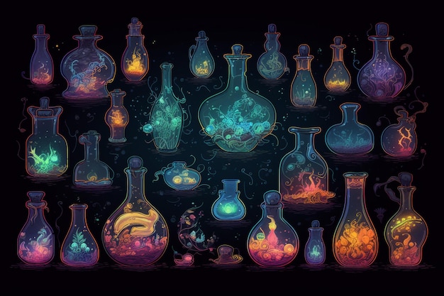Una colorida colección de botellas con las palabras "magia" en el fondo.