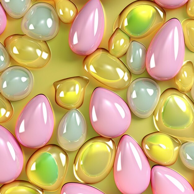 Una colorida colección de huevos de pascua con colores amarillo, verde y rosa.