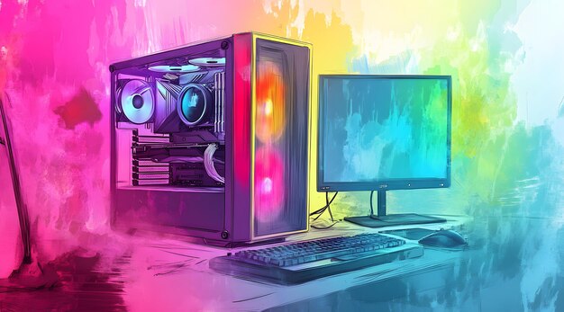 Una colorida configuración de PC de escritorio con monitor y teclado