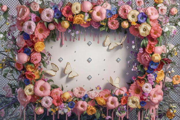 Foto una colorida corona de flores está en exhibición con una mariposa en la parte inferior