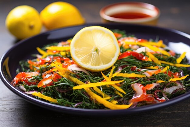 Una colorida ensalada de algas con rodajas de limón en un plato de cerámica