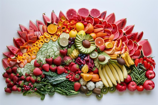 Una colorida ensalada de frutas con un arco iris de frutas y verduras