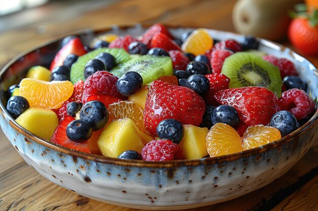 Una colorida ensalada de frutas en un cuenco rústico