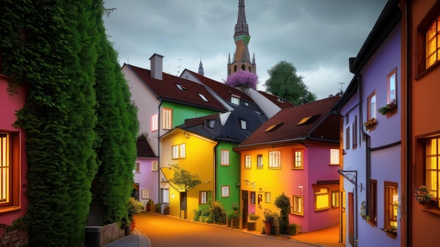 Una colorida escena callejera con una iglesia al fondo