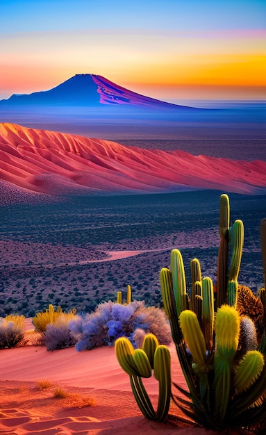 Una colorida escena desértica con un cactus y montañas al fondo.