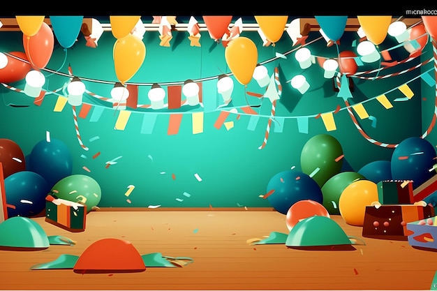 Una colorida escena de fiesta con un fondo negro y un fondo azul con un montón de globos.