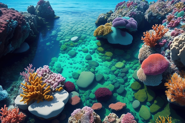 Una colorida escena oceánica con rocas y corales.