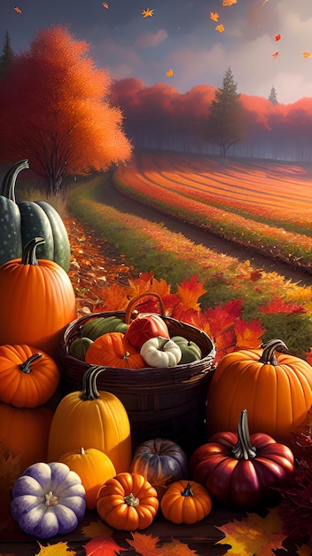 Una colorida escena de otoño con una canasta de calabazas y una canasta de calabazas.