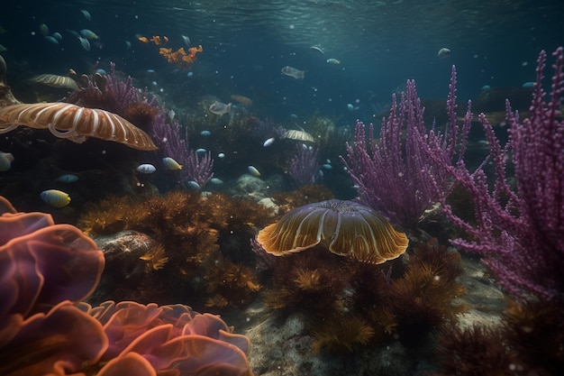 Una colorida escena submarina con una variedad de peces y corales.