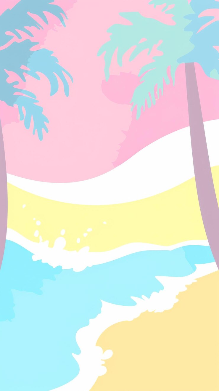 Una colorida escena tropical con tres palmeras y una ola azul