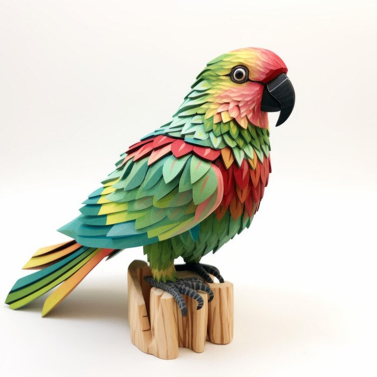 Foto colorida escultura de loro de papel en una superficie de madera