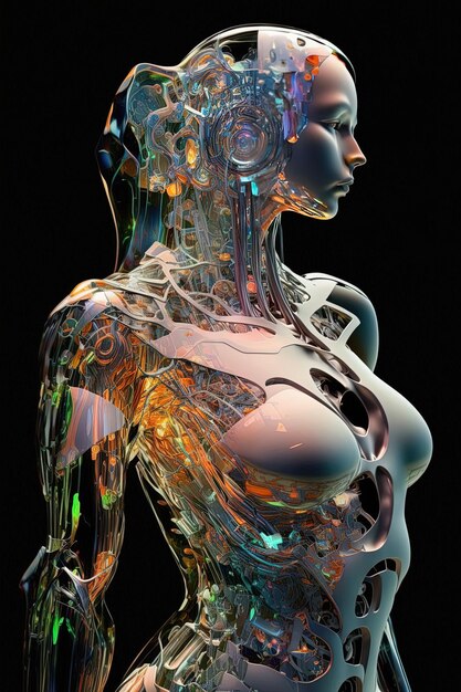 una colorida escultura de una mujer con un cuerpo que dice cyber