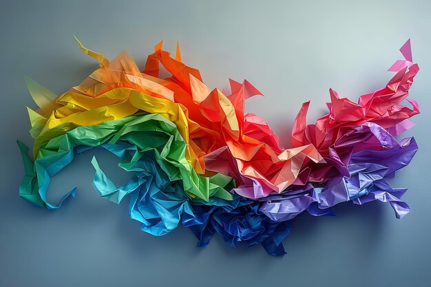 Una colorida escultura de origami con un fondo de colores del arco iris