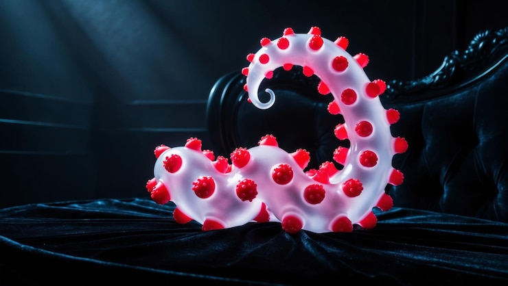 Foto una colorida escultura de tentáculos descansa en un sofá oscuro bajo una iluminación suave