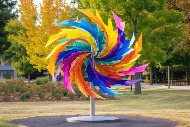 Colorida escultura de viento giratorio en un parque creado con IA generativa