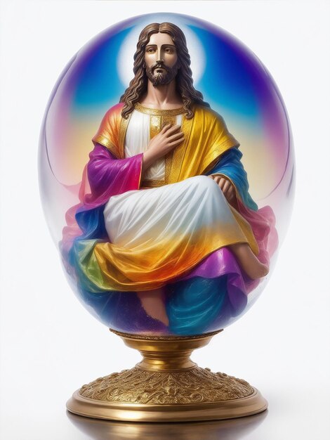 Una colorida estatua de Dios Jesucristo sentada en una bola de vidrio generada por la IA