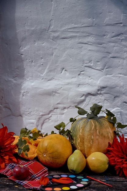 Colorida estética de frutas y verduras amarillas y pinturas brillantes con un pincel, calabaza, peras, manzana y melón, concepto del Día de Acción de Gracias, Bodegón de otoño con sombras modernas de georgina roja