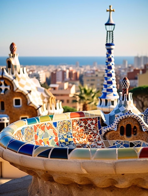 Foto una colorida estructura de mosaico con un mosaico azul y blanco en él