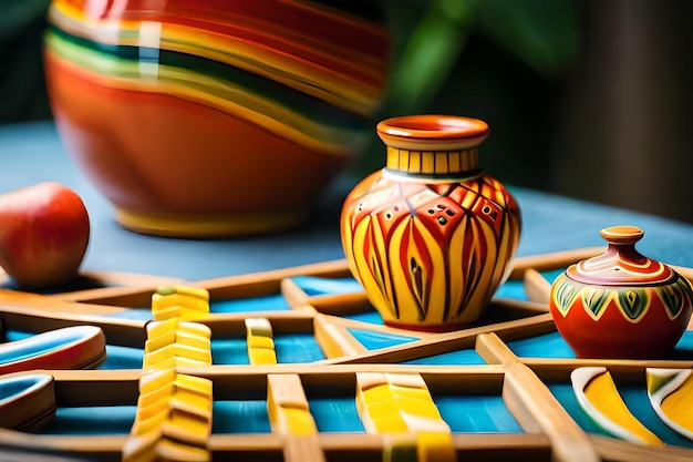 Foto una colorida exhibición de cerámica y jarrones con un patrón colorido.