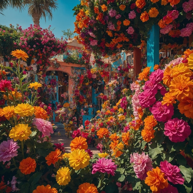 Foto una colorida exhibición de flores y una palmera