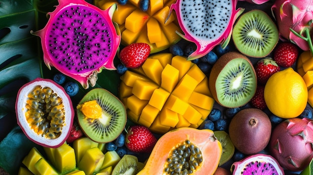 Una colorida exhibición de frutas exóticas como la fruta del dragón Generative Ai