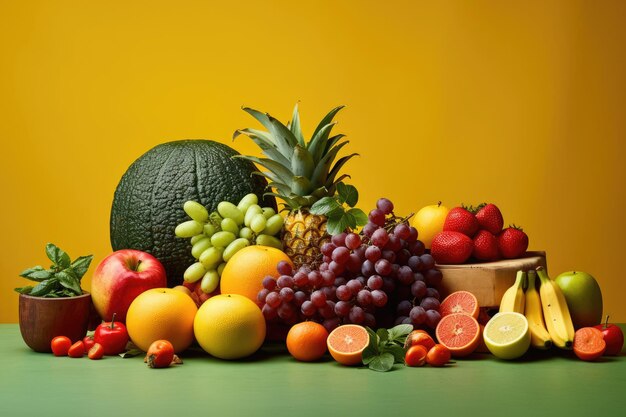 Colorida exhibición de frutas y verduras frescas que resalta la variedad dietética